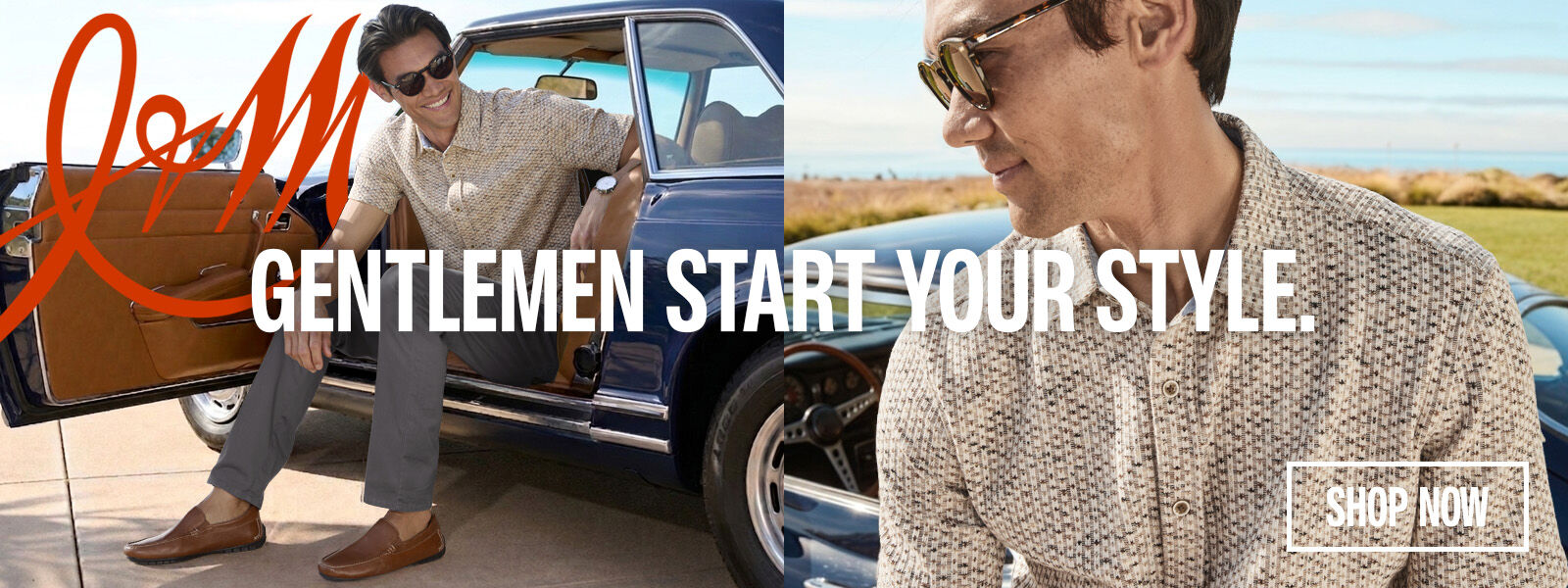 A banner split in half with the left side of the image of a man dressed in a polo, jeans, and loafers, is leaning half-way out of the drivers side of a vintage car. The right side of the image is a close up of the man's face and upper chest showing the textured detail of the polo he is wearing on the left side of the image. 